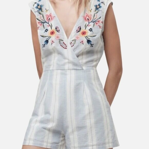 Deja Vu Striped Embroidered Floral Sleeveless one piece Romper Small summer - Picture 1 of 6